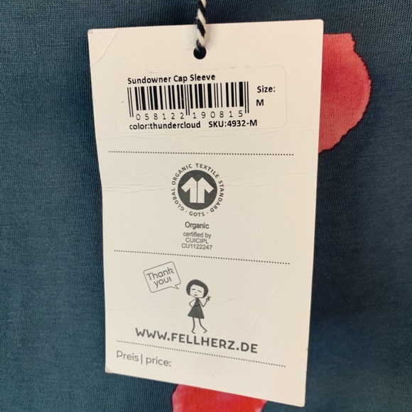 Fellherz Organic Vegan Cotton Sundowner Cap Sleeve Thundercloud Tee Size M NWT - Picture 9 of 9